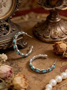 Vintage Turquoise Geometric C-Shaped Hoop Earrings, Bohemian Distressed Style Niche Design Earrings For Women - Silver - View 7