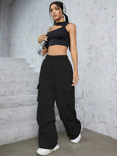 Mujer Pantalón Cargo Casual con Bolsillos Grandes,Pantalones Holgado De Color Liso Cintura Elástica