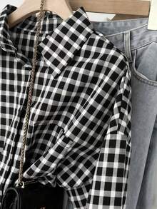女士长袖复古红色格子衬衫外套，商务休闲口袋衬衫，春季款 - 黑與白 - 查看 3