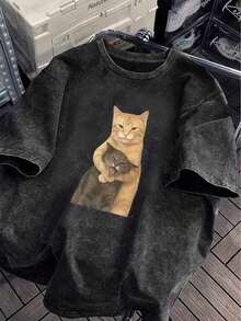 1 PcsInteresting Cat Print Short Sleeve T-Shirt, Unique Small Batch Design Women's Top, Washed Cotton T-Shirt, Casual Women's Clothing, Snowflake Pattern Fabric, Regular Fit Comfortable Round Neck Casual Top, Vintage Distressed T-Shirt, Regular Fit Women's Clothing, Spring/Summer Apparel210g 100% Cotton,The Patterns Are All Printed. Unisex. - Đen 2 - Xem 5