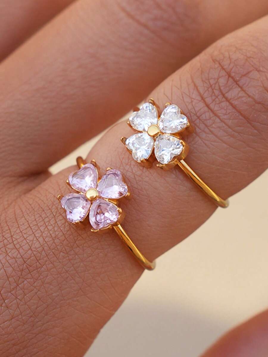 Frminee 2pcs/1pc Women's 18k Gold Plated Four-Leaf Clover Stainless Steel Ring, Cubic Zirconia Lucky Promise Ring, Elegant Jewelry Gift - Multicolor - View 1