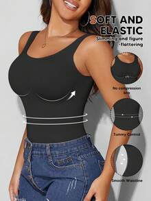 Women's Autumn Seamless Slimming Vest, Crew Neck, Tummy Control Casual Black Summer - Black - View 2
