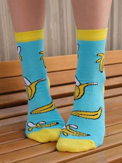 1 Pair Women's Novelty Banana Pattern Mid-Calf Socks, Student Socks, Comfortable Breathable Casual Street Style Design, Suitable For All Seasons, Holiday & Sports Outfits