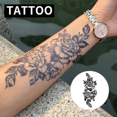 Temporary Tattoo: Floral Design, Waterproof, Realistic Tattoo Appearance, Botanical Tattoo Sticker - Rectangular Shape