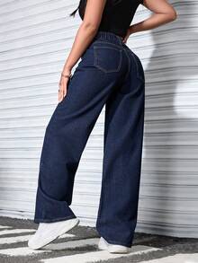 Quần jeans ống rộng dáng suông màu xanh hải quân, kiểu dáng đường phố Mỹ cổ điển, giúp tôn dáng. - Rửa tối - Xem 2