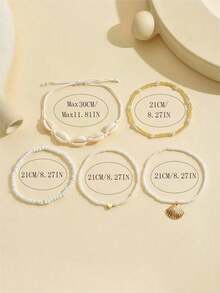 5pcs/Set Minimalist White Seed Bead & Faux Pearl Heart Shaped Beaded Handmade Adjustable Anklet, Suitable For Daily Wear And Vacation - Multicolor - View 4