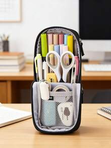 Large-Capacity Stand-Up Pencil Case, Multi-Functional Double-Layer Folding Pencil Box, Multi-Functional Stationery Box With Double-Opening Design. - Multicolor - View 11