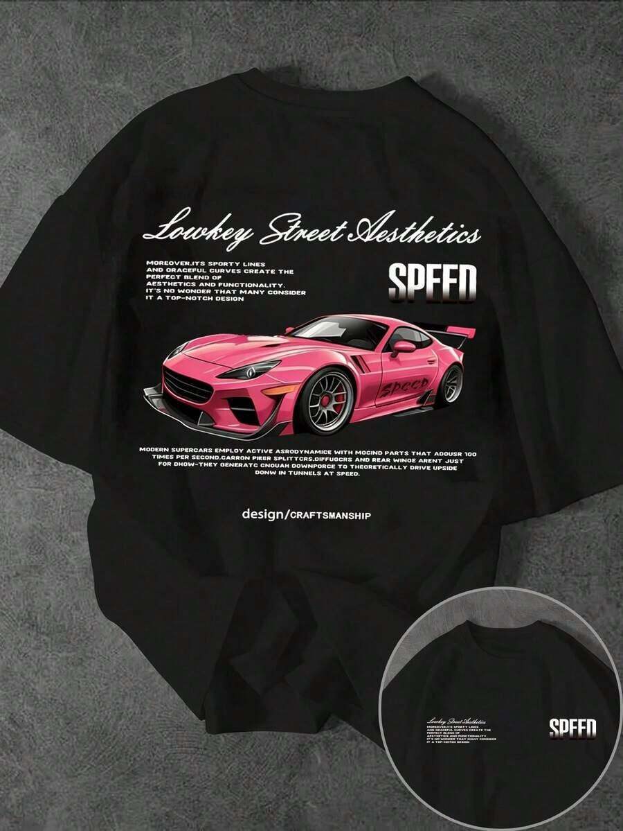 Camiseta casual de hombre con estampado de logo de coche, verano - Negro - Ver 1