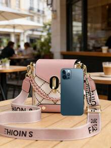 PLANEE Women's Crossbody Bag With Wide Letter Strap – Pink & Plaid Mini Shoulder Purse With Bear Charm, Chain & Fabric Dual Strap, Fashionable Small Handbag For Daily Use - Pink - View 4