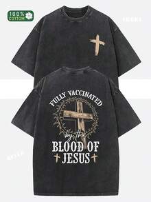 EWH Retro Washed Christian Faith Pattern Printing, Round Neck Casual Top Loose Short Sleeve, "Blood Of Jesus Whole Vaccination" Cross Design, Machine Washable Spring And Summer 004-AB - 黑色 - 查看 11