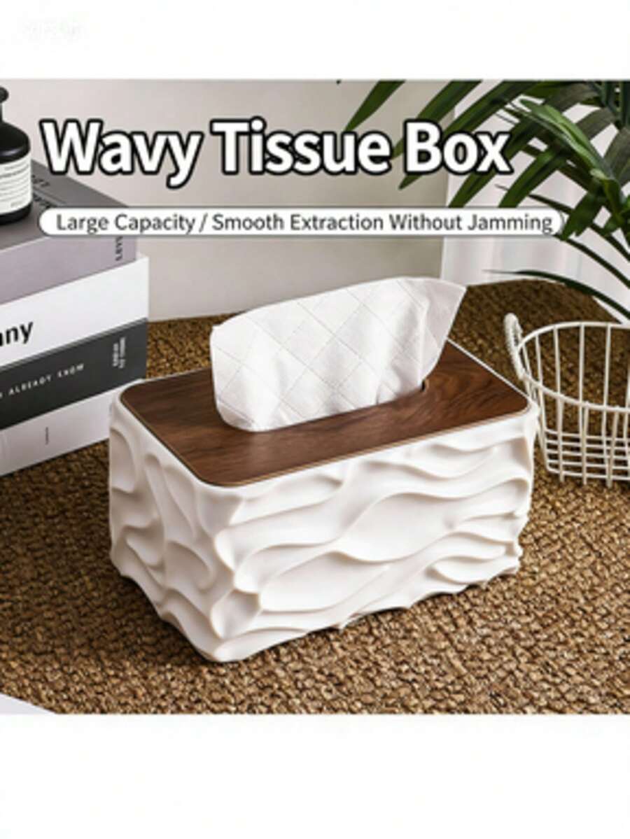 大容量简约创意桌面纸巾盒，塑料材质，适合客厅使用，配有木质盖子 - 彩色 - 查看 1