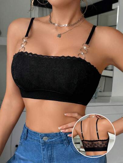 女士黑色圆形花卉蕾丝拼接法式浪漫舒适性感内衣