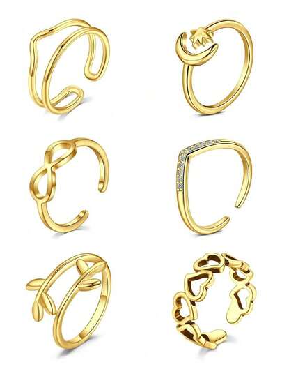 5pcs/Set Stainless Steel Toe Rings, Adjustable Open Design, Hollow Heart, Leaf, Star, Moon Pattern, Gold & Silver Color, Suitable For Beach, Daily Wear, Unisex