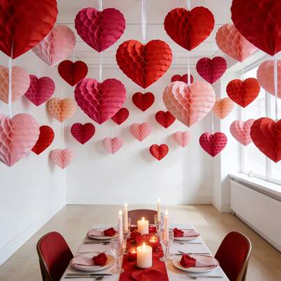 10pcs/Set Luxury Heart Shaped Honeycomb Lantern Balls, 4 Red + 3 Pink + 3 Burgundy, Velvet Ball & Red Paper Flower Set, Honeycomb Ball Decor Paper Heart Ornaments, Versatile Celebration Decorations, Multi-Purpose Hanging Decor