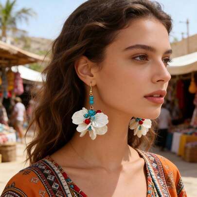 1 par de pendientes de vacaciones hechos a mano con cuentas que imitan conchas marinas azules del mar profundo