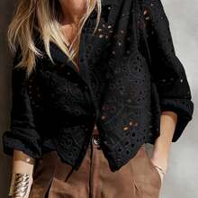 Women's Solid Color Hollow Embroidered Vacation Shirt - Black - View 8