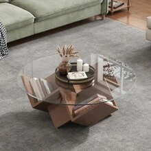 Mesa de Centro Redonda con Tapa de Cristal y Estantes de Almacenamiento con Base Geométrica Abstracta de Estilo Art Déco, Nogal, 35.4" - 1 - Ver 4
