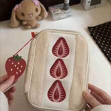 1个草莓三明治铅笔盒，大容量卡包文具袋，毛绒卫生巾化妆包，贴纸收纳袋 - 絨毛 - 查看 2
