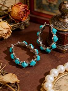 Vintage Turquoise Geometric C-Shaped Hoop Earrings, Bohemian Distressed Style Niche Design Earrings For Women - Silver - View 2