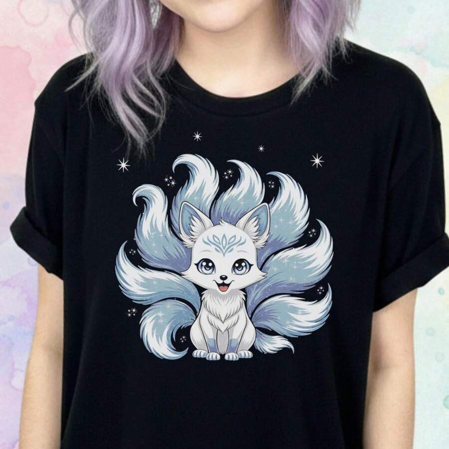 Nine-Tail Snow Fox T-Shirt, Celestial Aesthetic Tee For Women Into Kaw - màu đen - Xem 1