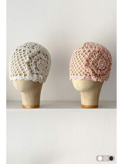 1pc Pearl Openwork Knit Beanie, Handmade Floral Hollow-Out Headwrap Hat, Vintage Aesthetic, Versatile, Knitted Knitted Cap, Hollow Crochet Flower Pearl Beanie For Women, Spring/Summer, Breathable, Fashionable