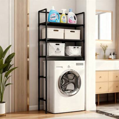 3-Tier Toilet And Washing Maching Above Shelf - Space-Saving Bathroom Storage Rack, Durable Plastic/Metal Material, Classic Black And White Design, Easy-To-Assemble Floor Standing Bathroom Organizer