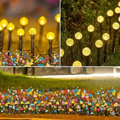 暖白光和彩色太阳能泡泡球灯，20颗LED地插式路径灯，8种照明模式，自动感应，IPX4防水，户外花园装饰，适用于草坪、露台、婚礼、圣诞派对、露营等场合。