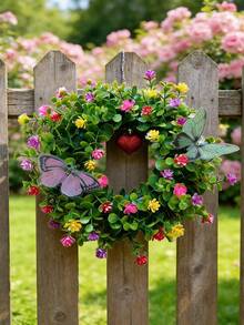 2 piezas Corona floral artificial colorida, decoración colgante rústica de primavera, acentos de mariposa realistas de alta calidad, decoración interior del hogar, regalo del Día de la Madre, suministros de jardinería - Multicolor - Ver 6