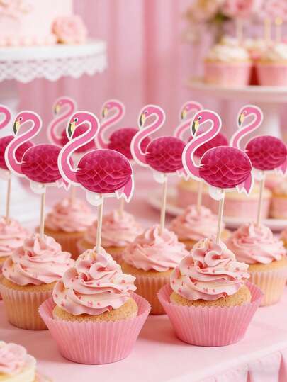 50pcs Hawaiian Style 3D Flamingo Cupcake Toppers, Suitable For Hawaiian Themed Birthday Party, Wedding Cake Decoration, Tropical Aloha Theme Decor