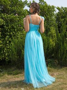 Đầm nữ cổ lệch vai, xẻ tà, chất liệu lưới, thích hợp cho kỳ nghỉ, phong cách thanh lịch. - Màu xanh lam - Xem 3