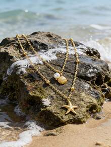 1pc Romantic & Elegant Starfish & Shell Pendant Necklace, Suitable For Women To Wear On Beach Vacation, Beach Party Or Date - Yellow Gold - View 8