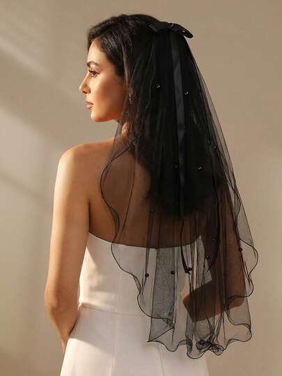 1pc Black Beaded Lace Edge Bridal Veil, Suitable For Wedding, Travel Photography, Bachelorette Party, Comes With Comb