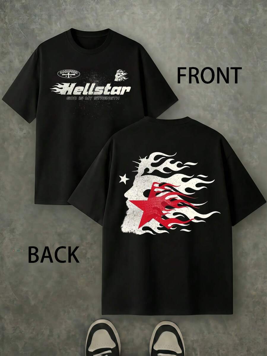 Cotton Y2K Double-Sided Flame Star Graphic Print Short Sleeve T-Shirt Unisex Casual Streetwear Retro Grunge Style Top For Spring Summer Fall Daily Wear Music Festival Skate Outfit - Black - View 1