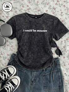 Es Trus Cotton Summer Women's Funny Printed Creative "I Could Be Meaner" Letter Pattern Streetwear Korean Style Comfortable Retro Basic Fashionable Y2K Style Women's Clothing, Sweet & Edgy Girl Style Black Fitted Sexy Drawstring Crew Neck Washed T-Shirt Casual - Black - View 5