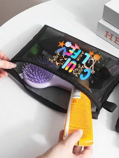 时尚网眼化妆包，“邮轮生活”图案印花网眼包，网眼沙滩包手提袋，网眼化妆品收纳包，可折叠大容量防水防沙游泳沙滩包，个性化礼品袋，化妆包，旅行收纳包，适合婚礼、度假和日常使用，是送给女性、母亲、老师、朋友、伴娘、返校的个性化生日礼物。