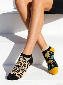 1 Pair Unisex Leopard Print Asymmetric Socks, Fashion Ankle Socks, Classic Matching Socks For Spring/Summer - Black - View 1
