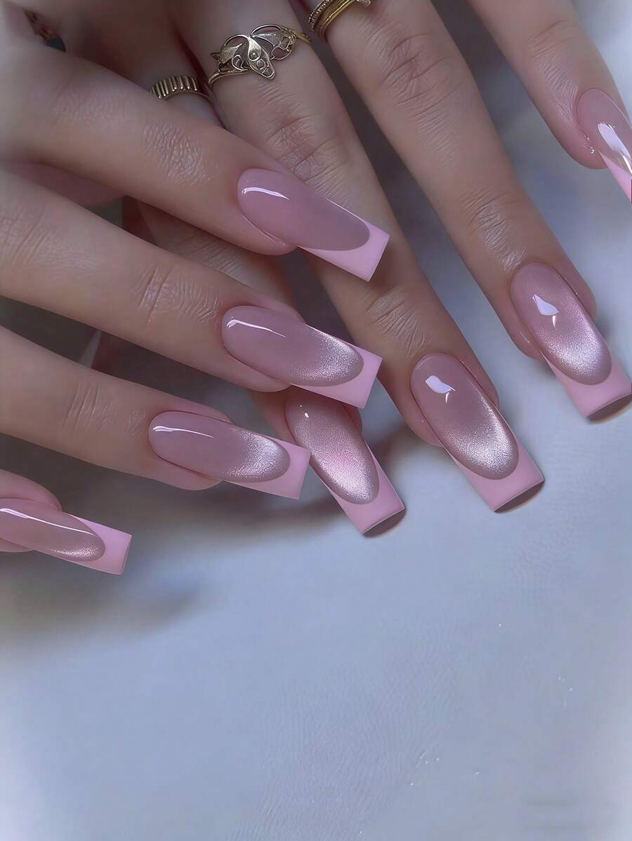 24pcs Medium Square Pressed Elegant Cat Eye French Style Full Cover False Nails, Suitable For Women & Girls Party, Office, Daily Wear, Includes 1 Adhesive Sticker Sheet And 1 Mini Nail File, Random Jelly Gel Color - Multicolor - View 1