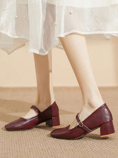 Giày cao gót hở gót mũi vuông cho nữ, mẫu giày thấp cổ mới mùa xuân/thu, màu đỏ rượu vang, cỡ lớn.