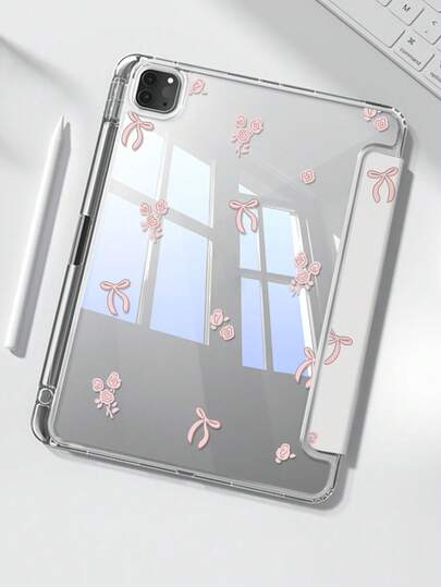 这款精美可爱的卡通动漫粉色蝴蝶结双面亚克力水晶透明后盖，防震耐用，适用于iPad第7、8和10代（10.2英寸）。它内置笔槽，支持睡眠/唤醒功能和多种折叠支架模式，是绝佳的节日礼物。