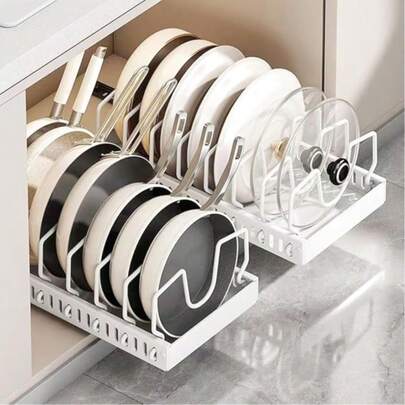 Heavy-Duty Pull-Out Pot Lid Organizer - Under-Cabinet Storage, 8 Adjustable Steel Frames, Space-Saving Pull-Out Rack, Compatible With Pots, Pans, And Lids - Suitable For Kitchen, Dining Room, Or Home Use - Easy-To-Install Under-Cabinet Organizer