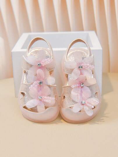 婴儿鞋/包趾花卉图案魔术贴果冻软底凉鞋