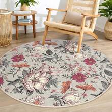 Floral Vintage Cream Round Rug -Victorian Botanic Circle Mat-Elegant Flower Circle Rug-Pink Floral Washable Round Carpet-Boho Chic Round Mat - 1PC - View 4