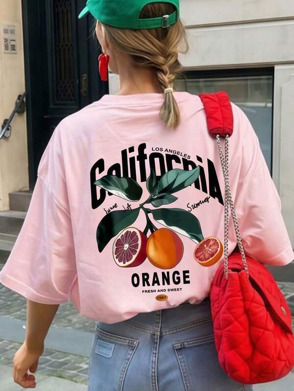 1 pieza Camiseta de mujer de manga corta y cuello redondo para el verano, con estampado retro de fruta naranja de California Los Ángeles, de corte holgado y versátil. Adecuada para el verano, la playa, la calle, el diario, el trabajo, la fiesta de oficina, las salidas, el carnaval, los festivales de música, el Día de San Valentín, las fiestas