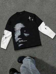 Men's Casual Sports T-Shirt, Featuring Multi-Functional Long Sleeve Design And Letter Graphic Print, Suitable For Spring And Autumn. Can Be Paired With Short Sleeve Letter Print T-Shirt For Outdoor Activities In Autumn. - Black - View 1