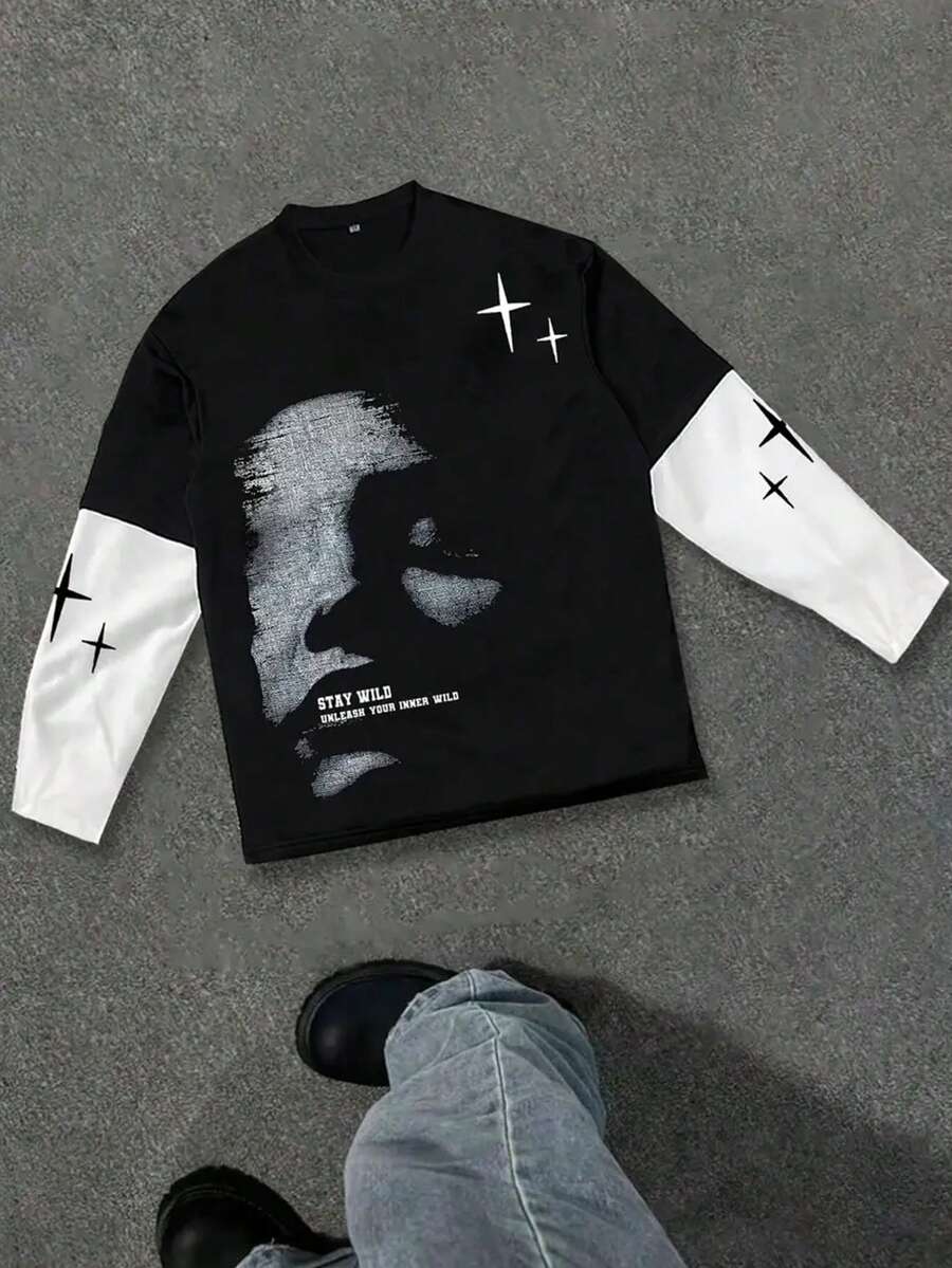 Men's Casual Sports T-Shirt, Featuring Multi-Functional Long Sleeve Design And Letter Graphic Print, Suitable For Spring And Autumn. Can Be Paired With Short Sleeve Letter Print T-Shirt For Outdoor Activities In Autumn. - Black - View 1