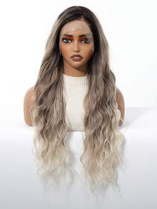 Ombre Brown Roots Ash Blond Wigs Long Water Wave 13*3.5 Lace Front Wig Medium Part Fluffy Curly Synthetic Gradient Brown Wig For Date Daily Wear & Special Occasions - Brown Ombre - View 3