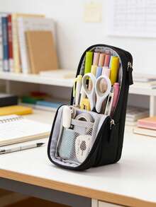 Large-Capacity Stand-Up Pencil Case, Multi-Functional Double-Layer Folding Pencil Box, Multi-Functional Stationery Box With Double-Opening Design. - Multicolor - View 9