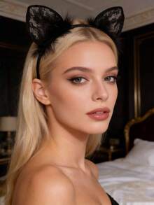 3pcs/Set Soft Lace Cat Ear Headband, 3 Colors Available, Suitable For Daily Wear And Festivals, Women's Lace Cat Ear Headband, Wedding Party & Cosplay Accessories, Elegant Fluffy Cat Ear Headpiece In Black, Red And White Lace, Photo Shoot Props, Lace Trim Cat Ear Headband With Feather Decor - View 7