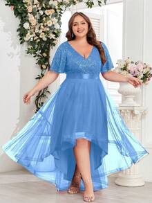 大码撞色亮片高低摆网纱晚礼服，优雅女士正式礼服，适合婚礼宾客、毕业典礼、晚宴、嘉年华派对等场合。 - 淺藍色 - 查看 4