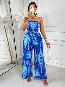 AIJ Amarilo Summer Blue Floral Print Jumpsuit, Casual Vacation Style, Latest Spring/Summer Women's Printed Jumpsuit (Random Pattern) - Blue - View 5